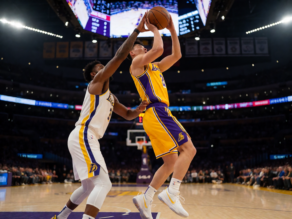 NBA篮球比赛激烈对抗瞬间，球员跳投出手，防守球员紧密盯防
